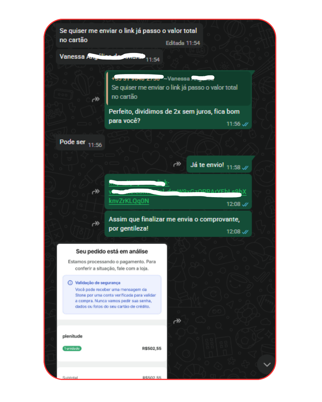 Depoimento 1 — conversa real de venda no WhatsApp