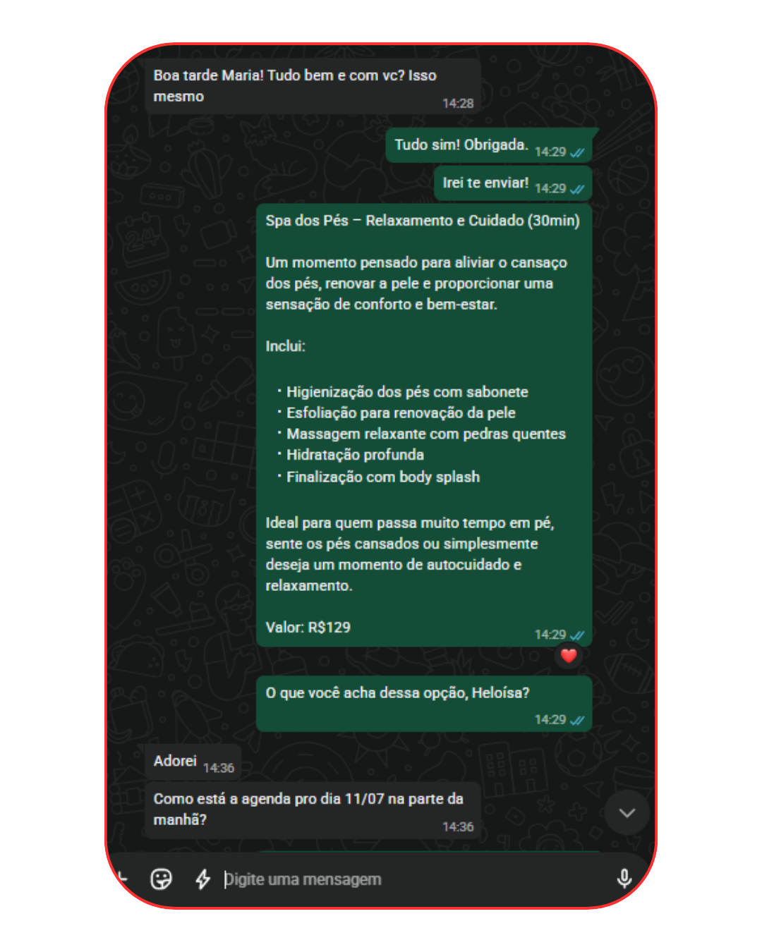 Depoimento 4 — conversa real de venda no WhatsApp